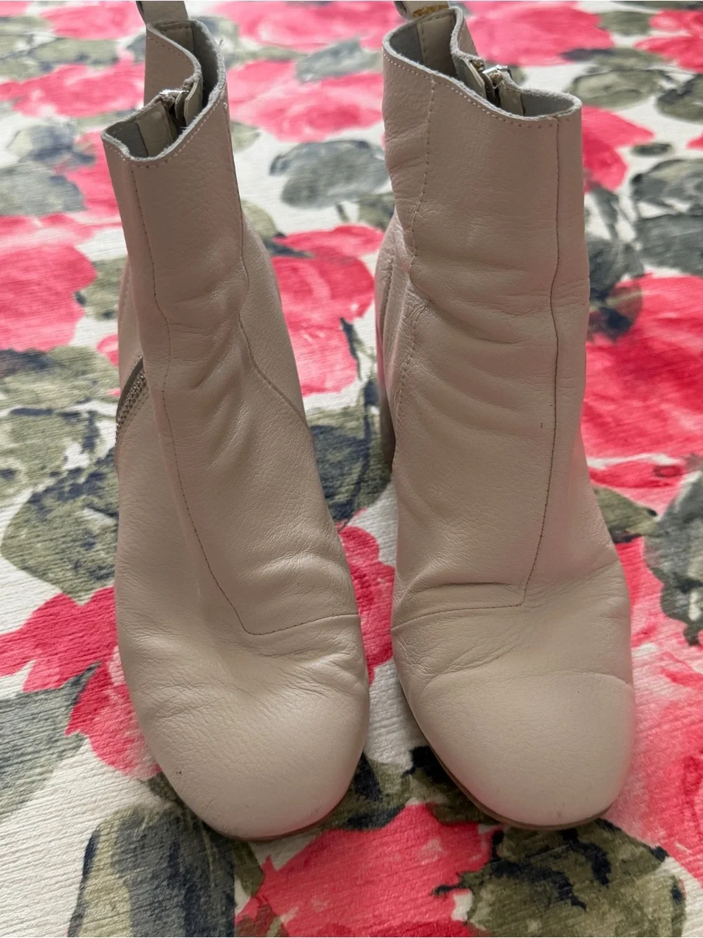 Women's Cream Leather Ankle Boots with Stacked Heel